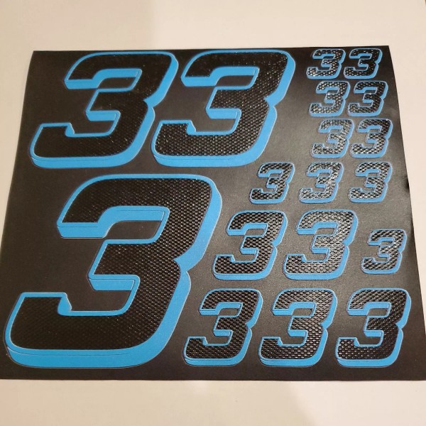 Unbranded Matte Black-w/Gloss Carbon Fiber Blue #3's Racing Numbers Vinyl