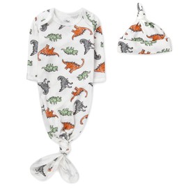 Baby Girl, Boy Knotted Infant Sleeper Gown with Headband or Hat, Baby Coming Home Outfit for Boy Girl Fall Winter 0-6 Months (Dancing Dinos)