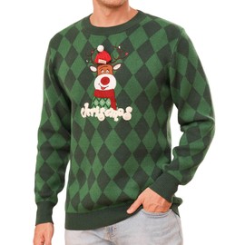 Totatuit Womens Christmas Jumper Festive Reindeer & Snowflake Design Long Sleeve Crew Neck Xmas Pullover Xmas Jumpers for Winter Party F-Green-Man XL
