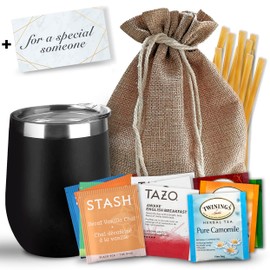 Bellina Tea Gift Baskets for Women and Men - For a Special Someone - Insulated Cup, 20 Premium Teas, 10 Honey Straws, Gift Tag & Bag
