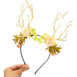 Yumikoo Deer Ears Antlers Christmas Headband - Flower Christmas Costume Hair Accessories for Women (Champagne-colored Flower Leaves)