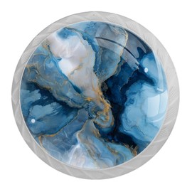 4 Pcs Blue Marble Texture Cabinet Knobs, 1.37 Inch White Dresser Drawer Knobs Round Decorative Hardware Pulls Handles for Bathroom Kitchen