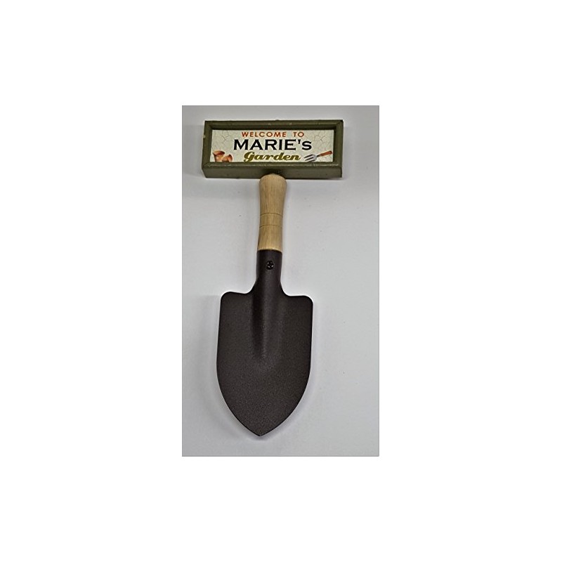"Welcome to Marie's garden" hanging shovel sign