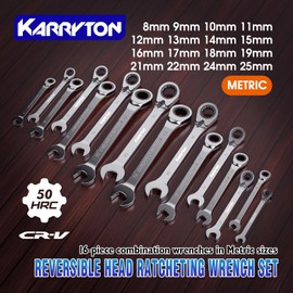 KARRYTON 16-piece Reversible Ratcheting Wrench Set Metric 8-25mm, 72 Teeth Ratchet Combination Wrenches Set with Rolling Bag, Cr-V Steel, Chrome Plating Handle with Blackened Ratchet