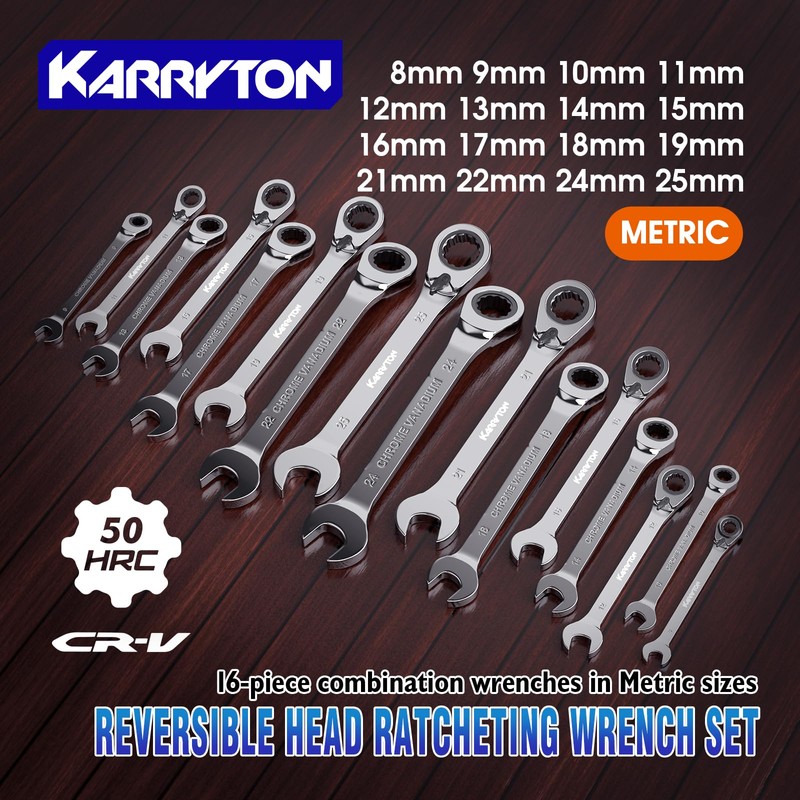 KARRYTON 16-piece Reversible Ratcheting Wrench Set Metric 8-25mm, 72 Teeth