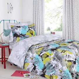 DTEX HOMES - 100% Cotton Kids Childrens Bedding Set Reversible Duvet Cover With Pillowcases and Matching Fitted Sheet (Urban Beats, Toodler Complete Set)