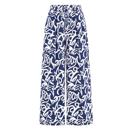 PRETTYGARDEN Women's Comfy Floral Print Drawstring Palazzo Pants with Pockets Hight Waisted Wide Leg Lounge Pant (Blue Flower, Small)