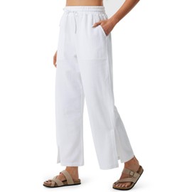 Libin Women Linen Pants Wide Leg Side Slit Ankle Pants High Waist Drawstring Casual Palazzo Loose Beach Pant Cropped Trousers White M