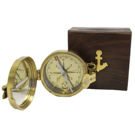 RedSkyTrader Brass Lensatic Desktop Compass w/Wooden Box: Military Collection