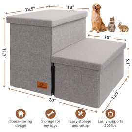 Dog Stairs with Storage 11.7" H, 2-Step Wider Dog Steps for Small/Medium/Large Dogs Cats, Folding Sturdy Pet Stairs Climbing Sofa Couch, Dog Ramp for Car Hold Up to 150 lbs (Smok Grey, no Condo)