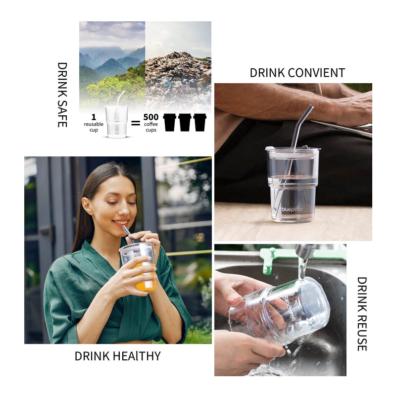 BLUEPOLAR 13oz/400ml Glass Water Tumbler with Straw and Lid Sealed