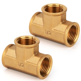 Brass T-piece, 2 pieces 1/2 inch female x female thread x female thread, 90° thread fitting with rubber, metalwork brass pipe T-fitting for water, air, sanitary, drinking water