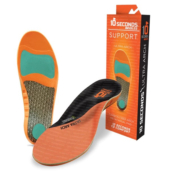 10 Seconds 3810 Ultra Support Poron Insoles Plantar Fasciitis Morton's Neuroma Metatarsalgia Support Anti Fatigue Light Weight Vibration Dampening Carbon Support & Metatarsal Pad (M 10/10.5 W 11.5/12)