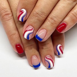 OCOUYVD 4th of July Press on Nails Short Square Fake Nails Red Blue White Swirl Designs Independence Day Acrylic Nails Holiday Glue on Nails for Women Girls 4th of July Nail Decorations