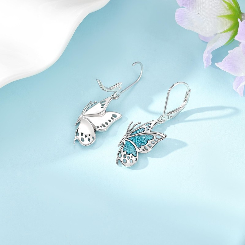 MONGAS Butterfly Earrings Sterling Silver Created Turquoise Drop Dangle Earrings