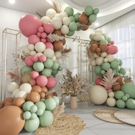 MOXMAY Sage Green Pink White Brown Balloons Garland Arch Kit, 160Pcs Boho Dusty Green Cherry Blossom Pink White Sand Brown Balloons for Girl Bridal Baby Shower Wedding Birthday Party Decorations