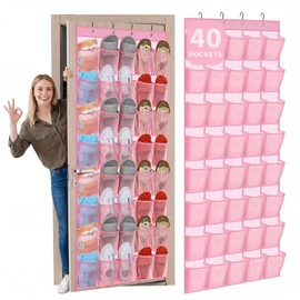 Windyun 40 Over the Door Shoe Organizer Large Breathable Mesh Pockets Pink Hanging Shoe Rack for Closet Behind Door Hanger Storage Holder Nonslip Hooks for Women Entryway Bedroom Utility Room