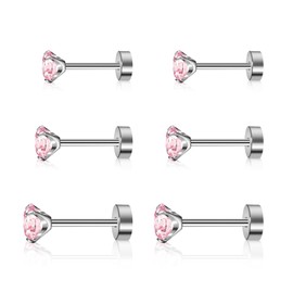 Artskin 3 Pairs Titanium Cubuic Cubic Zirconia Stud Earrings for Women Men CZ Earring Stud Earrings Hypoallergenic Flat Back Earrings Silver Girls Cartilage Earring Set 3 mm - 5 mm, Titanium, Cubic