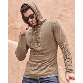 Beotyshow Mens Distressed Tactical Hoodies Cotton Long Sleeve Pullover Sweatshirts Rotro Outdoor Sports Athletic Lace Up Tops Brown