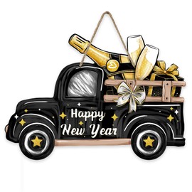 Deroro Happy New Year 2025 Black Gold Truck Front Door Sign, Christmas Champagne Wood Door Hanger Outdoor Outside Porch Decor, Winter Holiday Party Wooden Wreath Indoor Wall Hanging Decoration