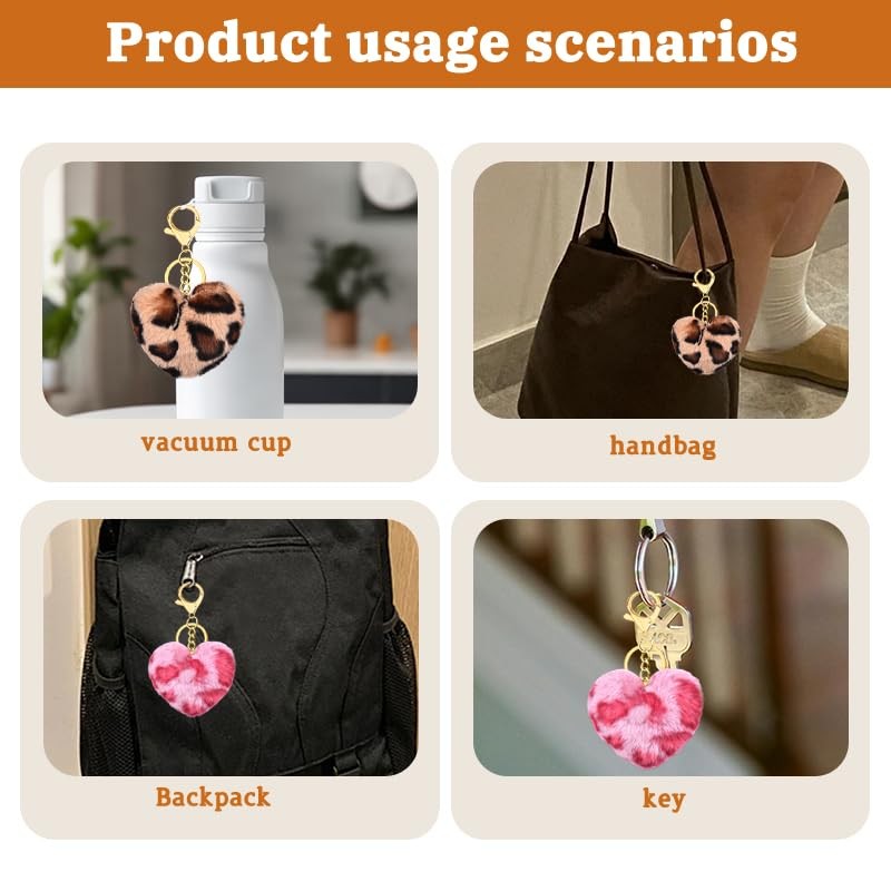 Leopard Heart Keychain Set for Women Girls Cute Fluffy Keychains