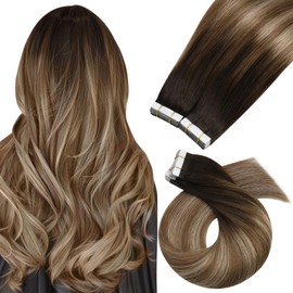 Moresoo Human Hair Extensions Tape in Fashion Long Tape in Hair Extensions Dark Brown to Golden Brown with Blonde Remy Hair Tape in Extensions 22 Inch 40 Pcs/100g #4/10/16