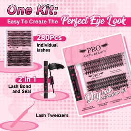 Lash Clusters Kit 280 Pcs Cluster Lashes 30D+40D Lash Extension Kit with Lash Bond and Seal Waterproof Lash Applicator Individual Lashes Apply at Home(30D+40D-9-16mix Kit)