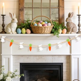 Easter Decorations Pre-Assembled Easter Garland Wooden Bunny Carrot Garland with Beads Easter Decor Rustic Banner for Mantel Fireplace Home Party Farmhouse Spring Decor Wall Decor