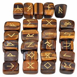 SUNYIK Natural Tiger's Eye Stone Rune Stones Set with Engraved Elder Futhark Alphabet Lettering Polished Healing Crystal Kit
