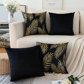 JOTOM Pack of 4 Velvet Soft Cushion Cover Gold Leaves Modern Decorative Pillow Covers Bronzing Pillow Cases Square Throw Pillow Covers for Bedroom Sofa Car Home Couch Decor 45 x 45 cm (Black)