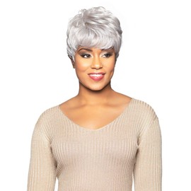 Foxy Silver Alicia Beauty Collections Elegant Short Pixie Bob with Bangs Feathered Layers, Premium Synthetic Fibers Gorgeous Grey Wig, Secure Fabulously Natural Look & Feel - CELIA (SILVER)
