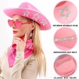 GIFIKOI Cowgirl Outfits Star Cowboy Hat Western Boots Earrings Sparkly Cowboy Hat Bandana Sunglasses for Women Western Costume Accessories Pink