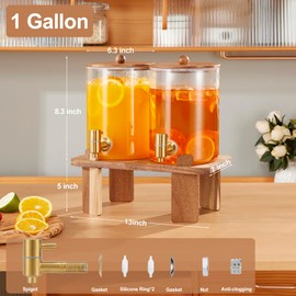 2 PCS 1 Gallon Drink dispenser, Glass Beverage Dispenser With Wood Stand, Large Water Drink Dispensers for Parties With Stainless Steel Spigot, Ideal for Lemonade,Juice, Tea, and Party Drinks