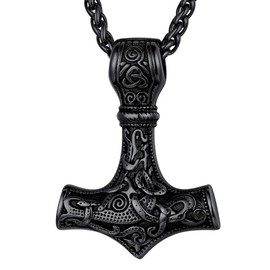 FaithHeart Men’s Viking Thor's Hammer Necklace, Stainless Steel, Mjölnir Chain with Celtic Knot, Thor's Hammer Pendant, Nordic Amulet Jewellery with 55 + 5cm Wheat Chain, Stainless Steel, A Black