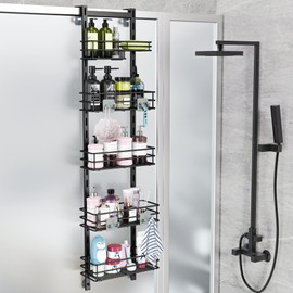 Orimade Over the Door Shower Caddy Adjustable 5 Tier Black,Bathroom Hanging Organizer Shelf Rustproof with 4 Hooks,Shower Basket with Soap Holder and Suction Cup