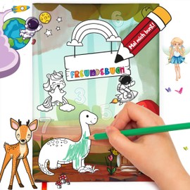 TOBJA Kindergarten Friendship Book - My Friendship Book Space with Unicorns, Dinos and Pirates - Paintable Hard Cover, 24 Double Pages - Includes Pages for Adults - Perfect for Boys and Girls