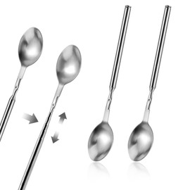 2 Pcs Extendable Spoon 8.7 to 25.5 inch Telescopic Spoon, Stainless Steel Long Handle Spoon, Kitchen Quenelle Spoon Chef Spoons for Barbecue Camping Iced Tea