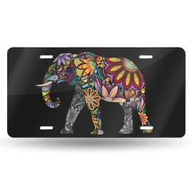 Cheerful Boho Mandala Floral Elephant Front License Plate Aluminum Decorative License Plates Funny Metal Car Plate 6"X12" Novelty Vanity Tag Cover with 4 Holes Car Decor Accessory