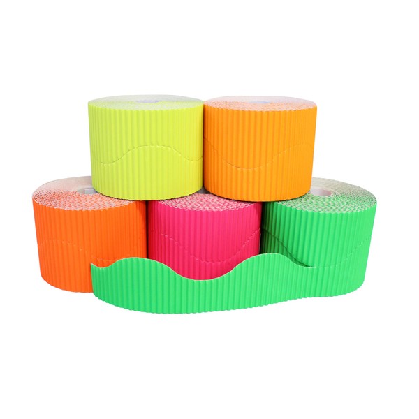 Bright Ideas Fluorescent Corrugated Border Rolls for School Displays Arts and Crafts, 5 Assorted Rolls,10cm x 7.5m, Shocking Pink, Outrageous Orange, Lime Green, Lemon Yellow, Tangy Tangerine