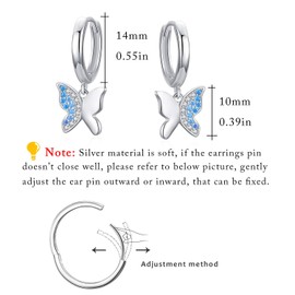 Butterfly Hoop Earrings 925 Sterling Silver Cubic Zirconia Butterfly Earrings for Girls Butterfly Dangle Hoop Earrings for Women Kids (Blue)