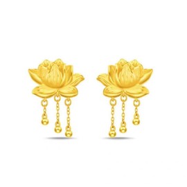 DIAMANTIO 18K Gold Plated Lotus Flower Drop Earrings – Statement Elegant Floral Dangle Design with Triple Bead Chains for Women
