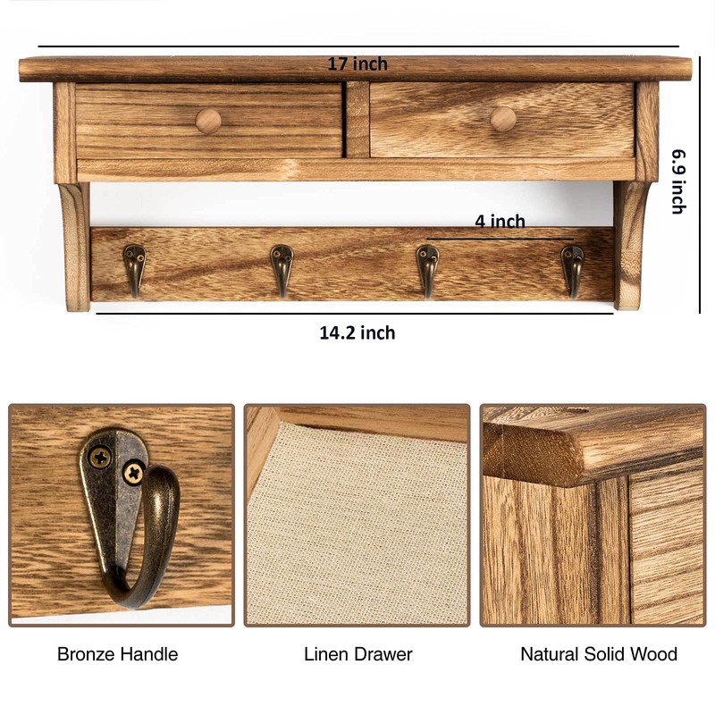 Emfogo Coat Hooks Mounted, Rustic Wood Coat Rack Mount Shelf