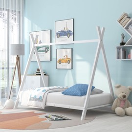 CITYLIGHT House Twin Bed for Kids, Metal Tent Bed with Slat, Toddler Twin House Bed, Montessori Floor Beds for Kids Boys Girls Teens(Twin, White)