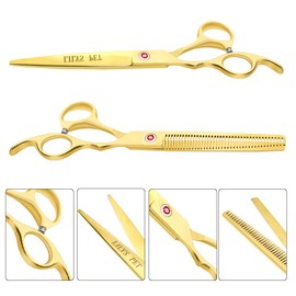 LILYS PET Professional PET DOG Grooming Coated Titanium scissors suit Cutting&Curved&Thinning shears (7.0 inches, Gold)…