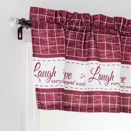 Interior Trends Live Love Laugh 3 Piece Printed Kitchen Window Curtain Valance and Tier Panels Set (Burgundy, 36" Tiers Set)