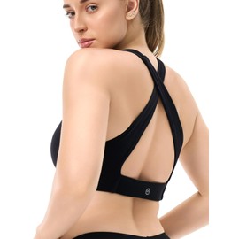 Lassosi Women's V Neck Sports Bra Wide Straps Cross Back Light Compression Padded Workout Yoga Top Black M