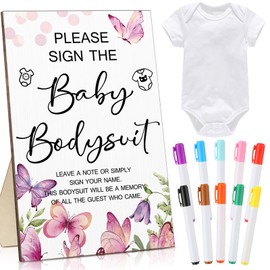 Qunclay 12 Pcs Baby Bodysuit Baby Shower Game Include 1 Game Wooden Bodysuit Sign Tabletop Decor 1 White Blank Newborn Bodysuit 10 Fabric Marker for Baby Shower Gender Reveal Party(Butterfly)