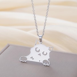 YIQPKUM Funny Stainless Steel Cat Necklace Cute Animals Pendant 18 Inch Chain Jewellery for Women Friends Charms Party Birthday Gifts (Silver Plated)