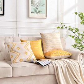 Cushion Covers 40 x 40 cm Farmhouse Cushion case covers, Set of 4 Yellow Textured Patchwork Square Pillow Case for Sofa Sofa Chair Bedroom Modern Decor Home Office Sofa Couch Car Garden
