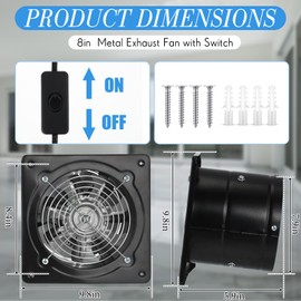 Yaocom 8 Inch Exhaust Fan 576 CFM Kitchen Exhaust Fan with Switch Small Exhaust Fan Bathroom Potable Plug in Garage Exhaust Fan with Damper for Shop, Smoking Room, Industrial Ventilation Use, Black